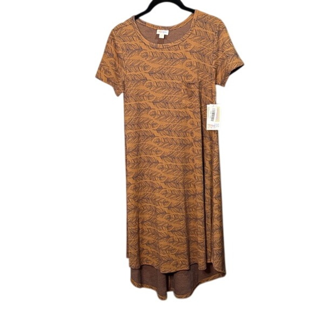 LuLaRoe XXS Brown Feather Print Casual Stretchy Short Sleeve Knee Length Dress